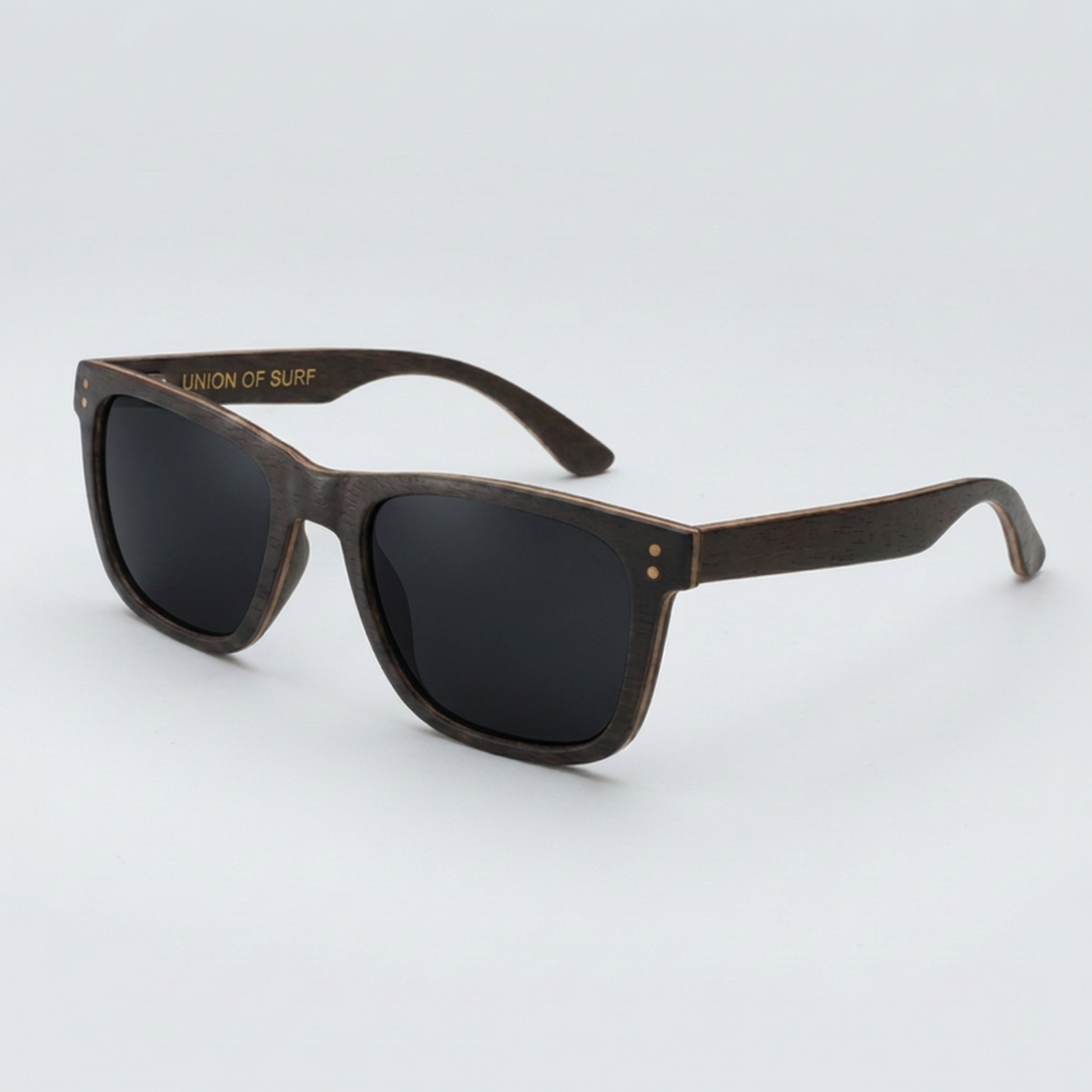 Black square sunglasses with dark lenses and wood-look temples