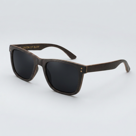 Black square sunglasses with dark lenses and wood-look temples