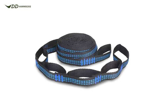 Tree strap set with blue and black daisy-chain webbing, looped for hammocks