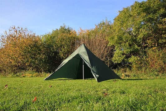 Family-size pyramid tent, dark green fabric with open doorway panel