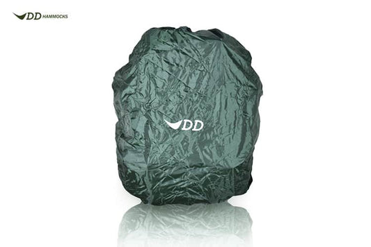 DD rucksack cover, dark green cinch sack with DD logo front