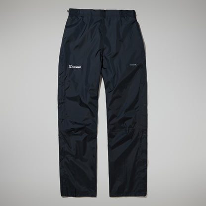 Black waterproof overtrousers, front view, elastic waistband and logo