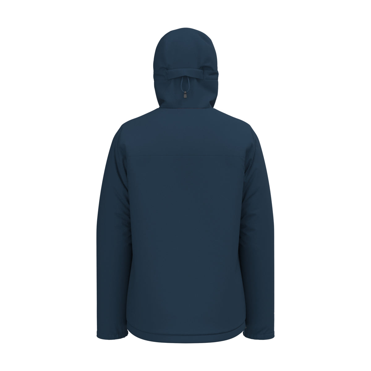 Men's navy hooded insulated waterproof jacket, back view with elastic cuffs
