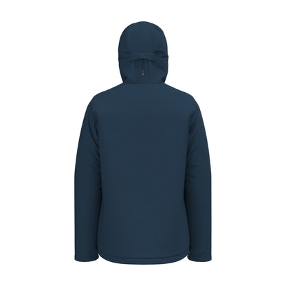 Men's navy hooded insulated waterproof jacket, back view with elastic cuffs