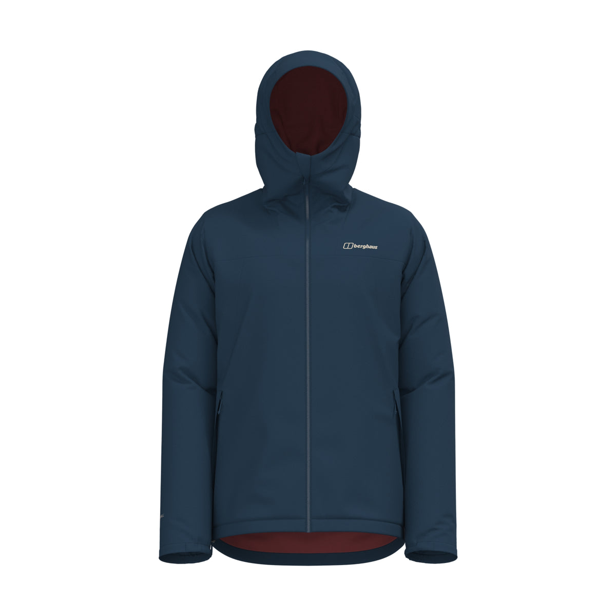 Men's navy hooded insulated waterproof jacket with maroon inner lining and hem trim