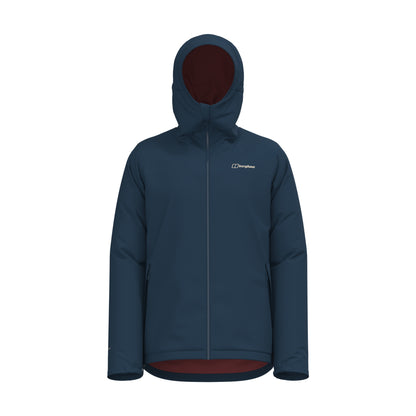 Men's navy hooded insulated waterproof jacket with maroon inner lining and hem trim
