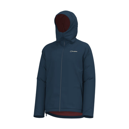 Men's navy hooded insulated waterproof jacket front view with maroon inner hood lining