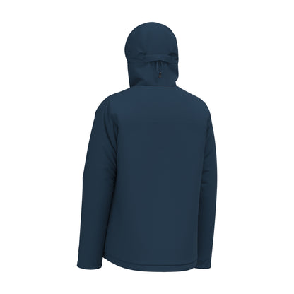 Men's navy hooded insulated waterproof jacket, back view with full-zip closure