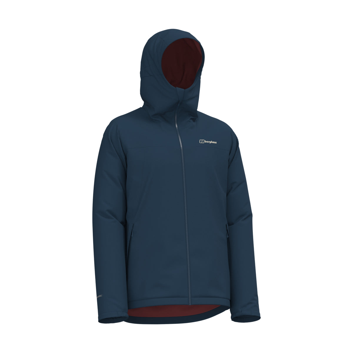 Men's navy hooded insulated waterproof jacket with center zip and maroon inner hood