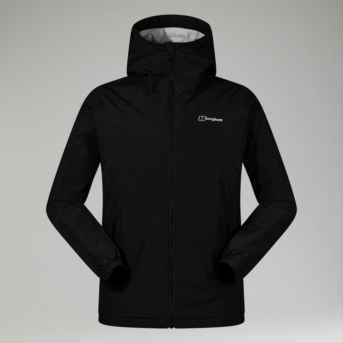 Men's black hooded insulated waterproof jacket with center zipper and chest logo