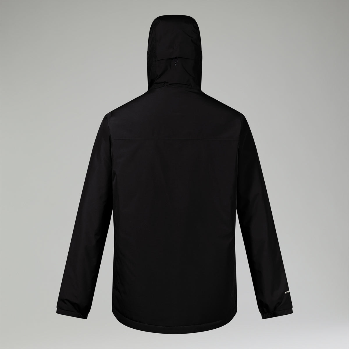 Men's black hooded insulated waterproof jacket, back view with full-length zip