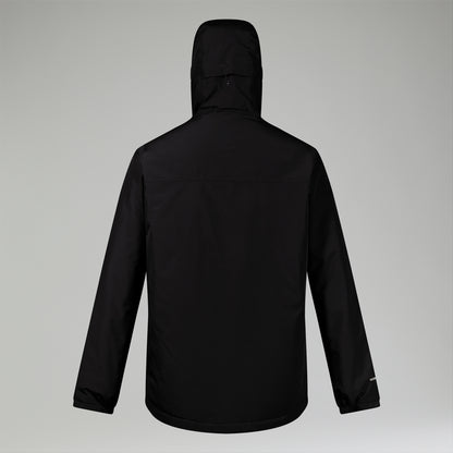 Men's black hooded insulated waterproof jacket, back view with full-length zip