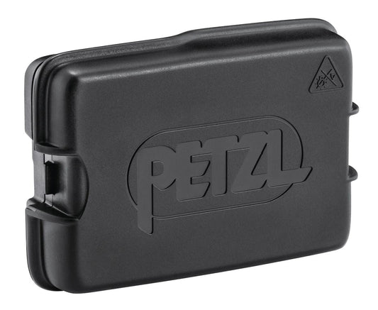 Petzl rechargeable battery pack, black rectangular case with latch tabs and charging icon