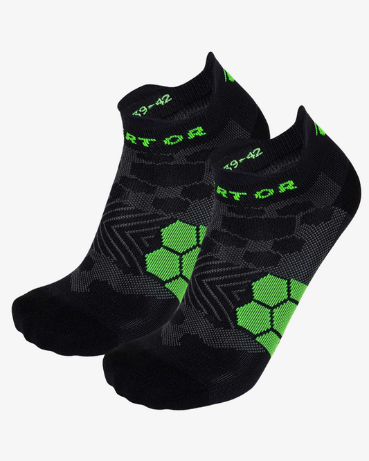 Black no-show running socks with neon green geometric pattern and cushioned sole