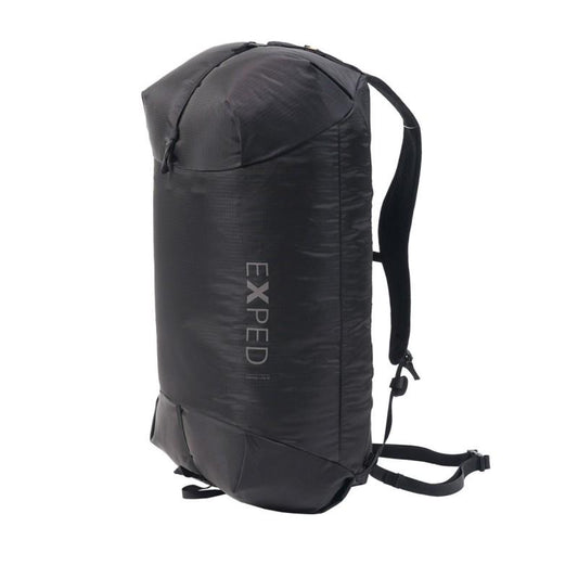 Black folding lightweight rucksack with shoulder straps and side compression tabs
