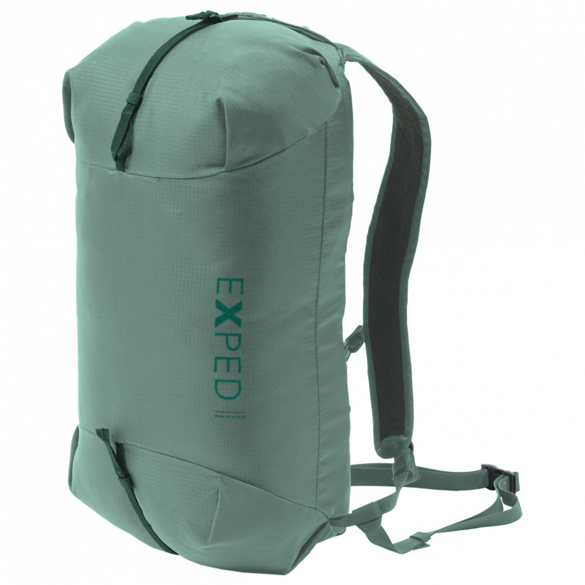 Sage green folding lightweight rucksack with front compression straps and shoulder strap