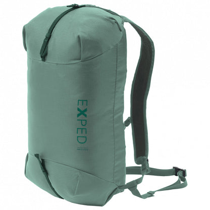 Sage green folding lightweight rucksack with front compression straps and shoulder strap