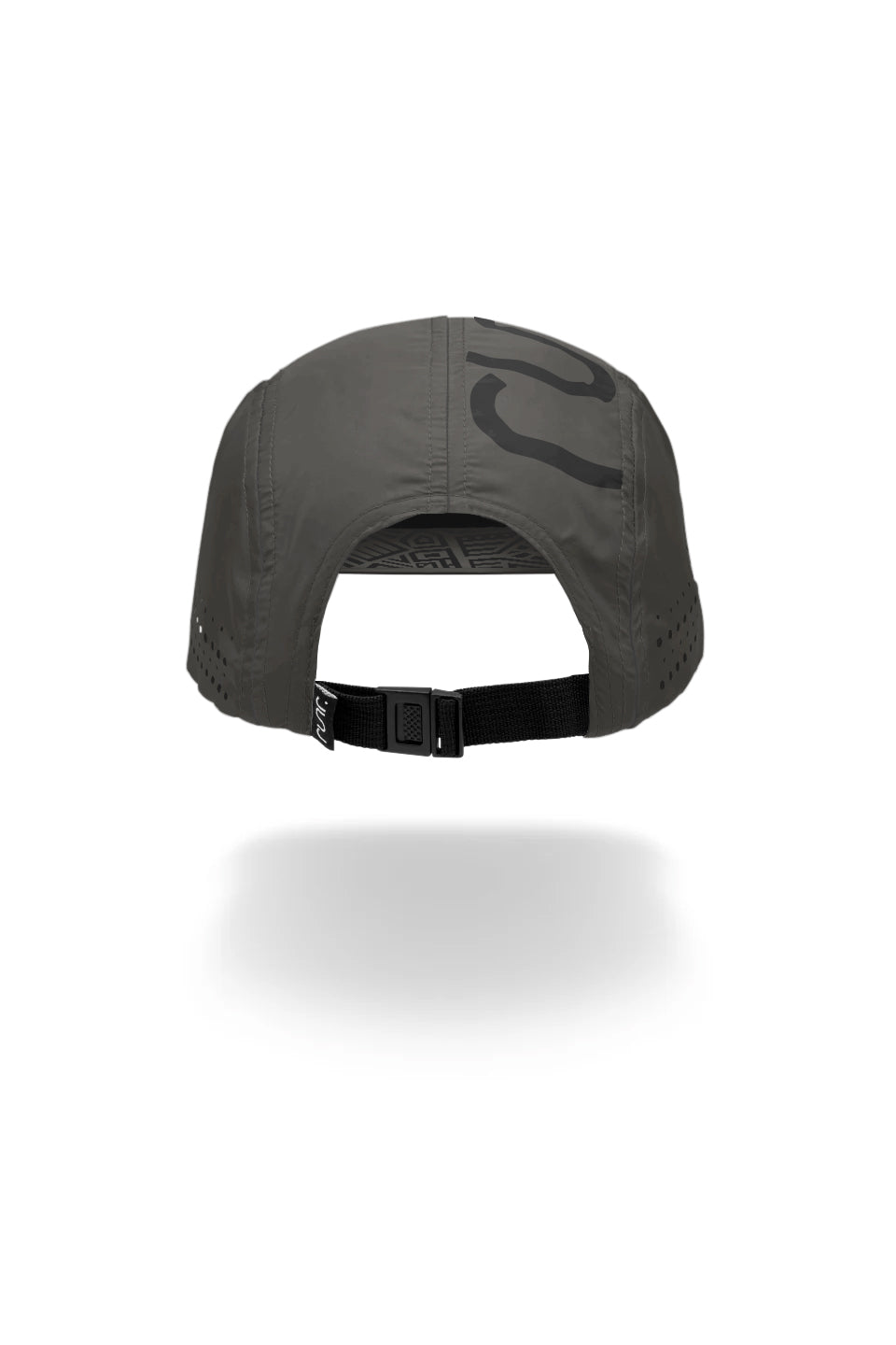 Dark gray running cap back view with adjustable strap and ventilation holes