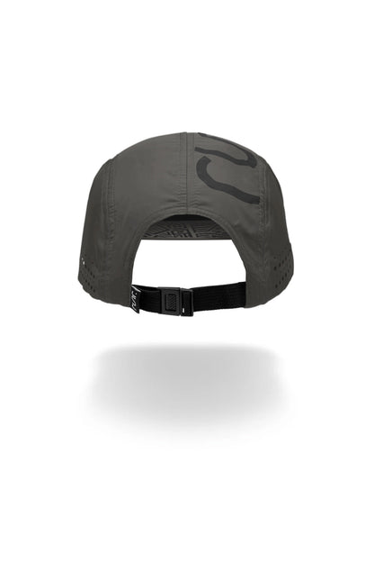 Dark gray running cap back view with adjustable strap and ventilation holes
