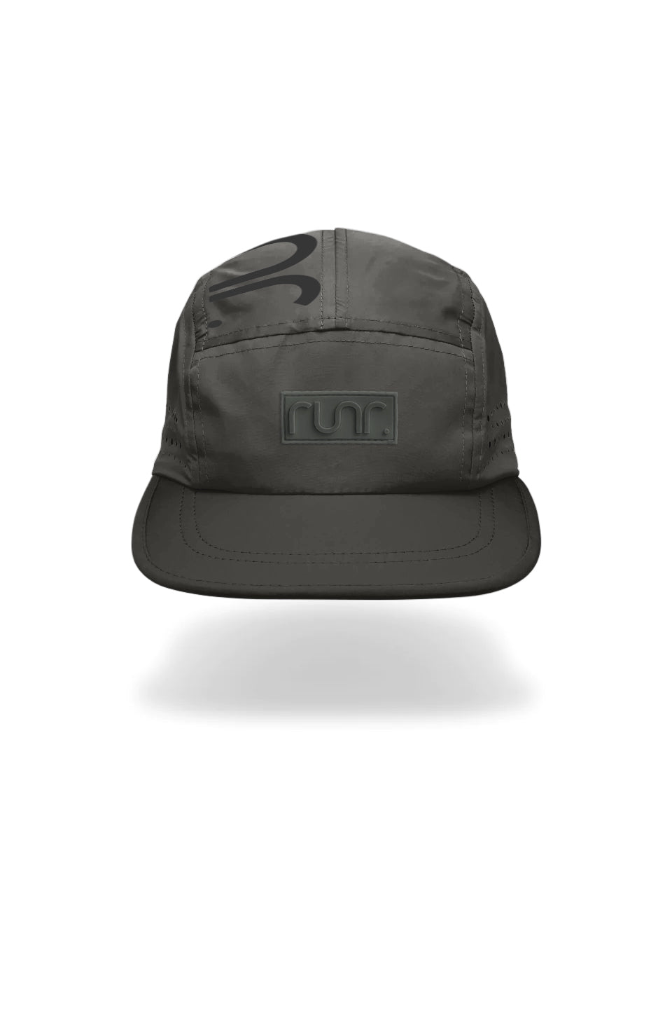 Dark gray technical running cap with angled front logo patch and curved brim