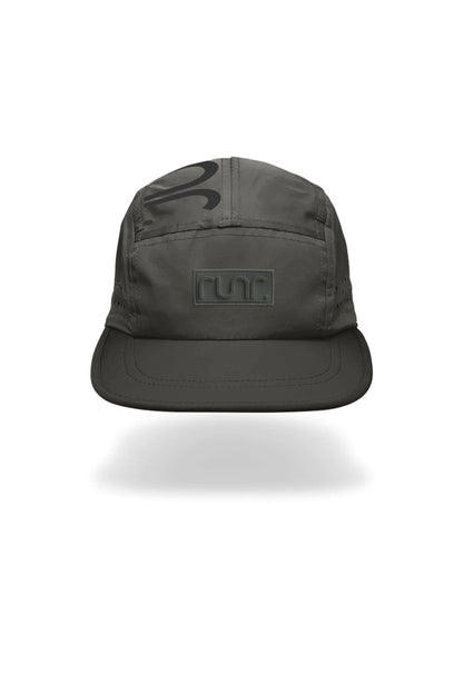 Dark gray technical running cap with angled front logo patch and curved brim