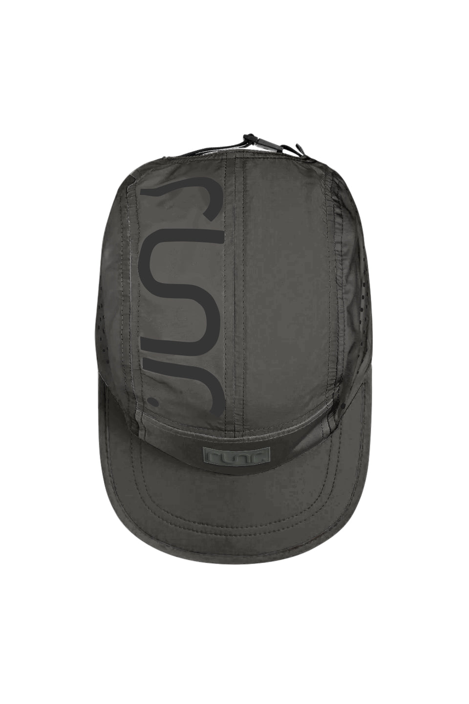 Dark gray running cap with large back graphic and top drawcord
