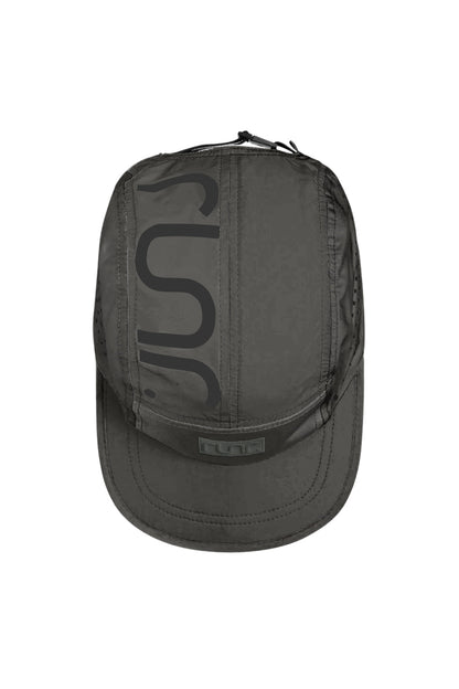 Dark gray running cap with large back graphic and top drawcord