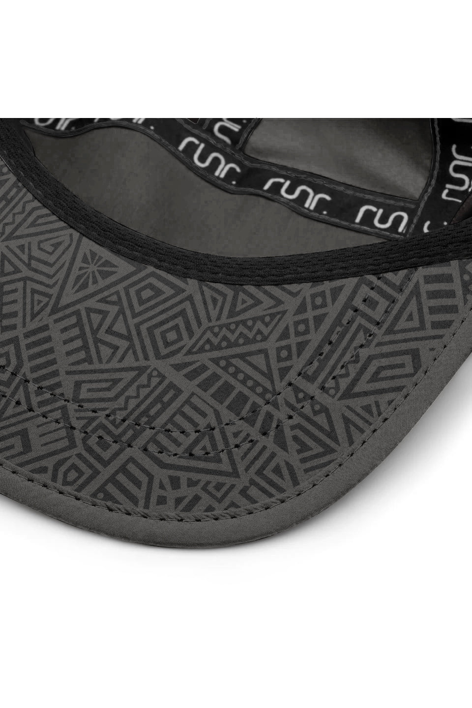 Dark gray cap interior with patterned sweatband and stitched edge