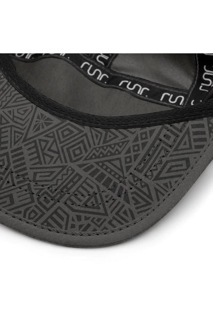 Dark gray cap interior with patterned sweatband and stitched edge