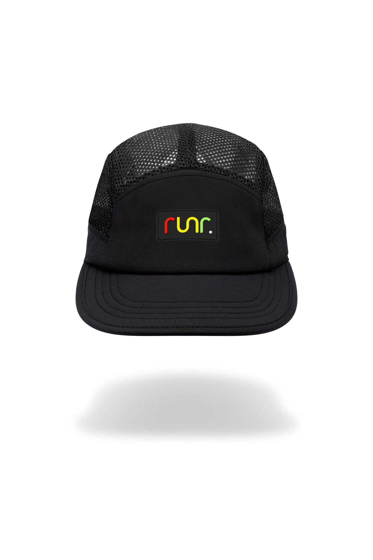 Black technical running hat with mesh crown panels and curved brim, front Runr logo.