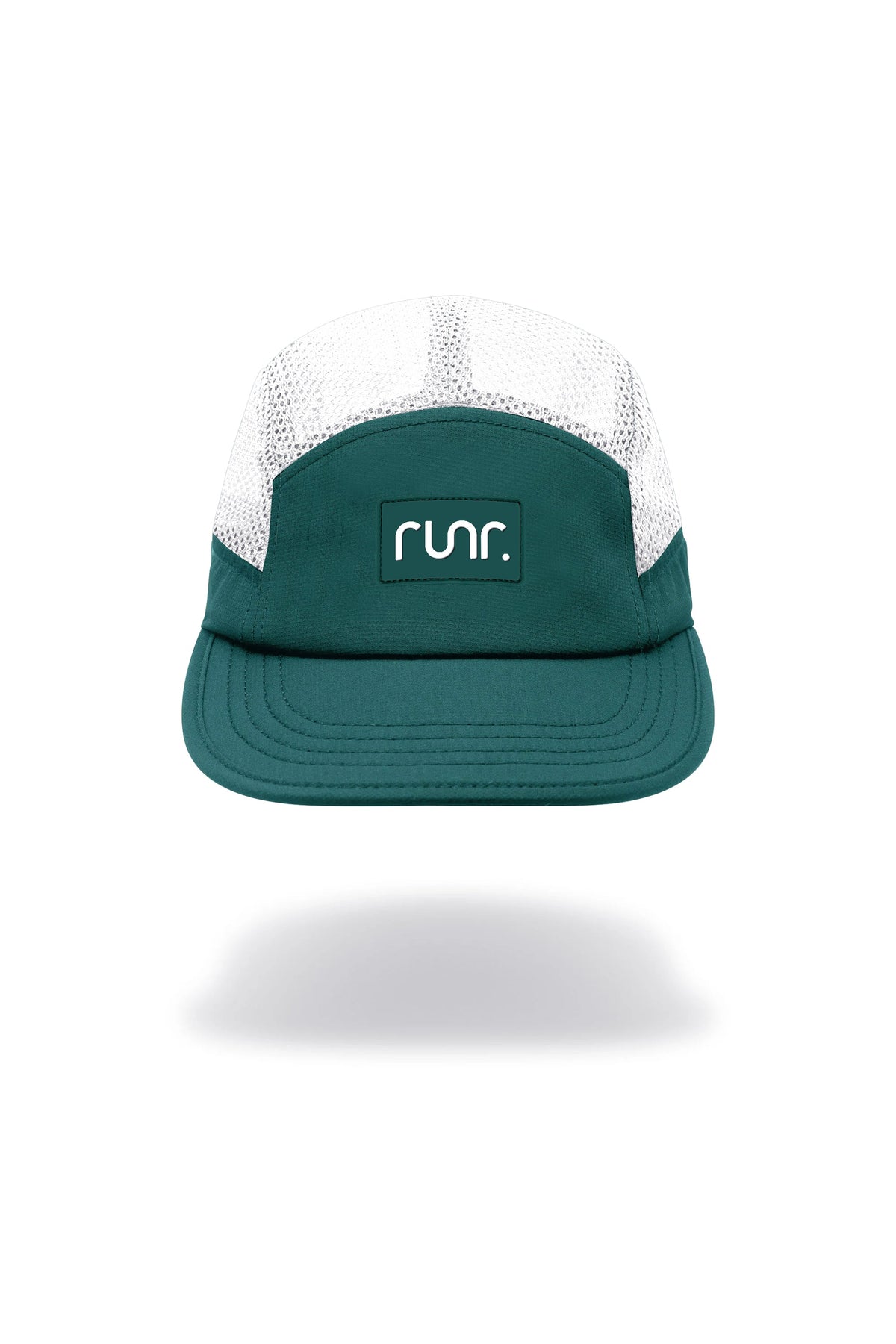 Teal and white running cap with mesh crown and front logo patch