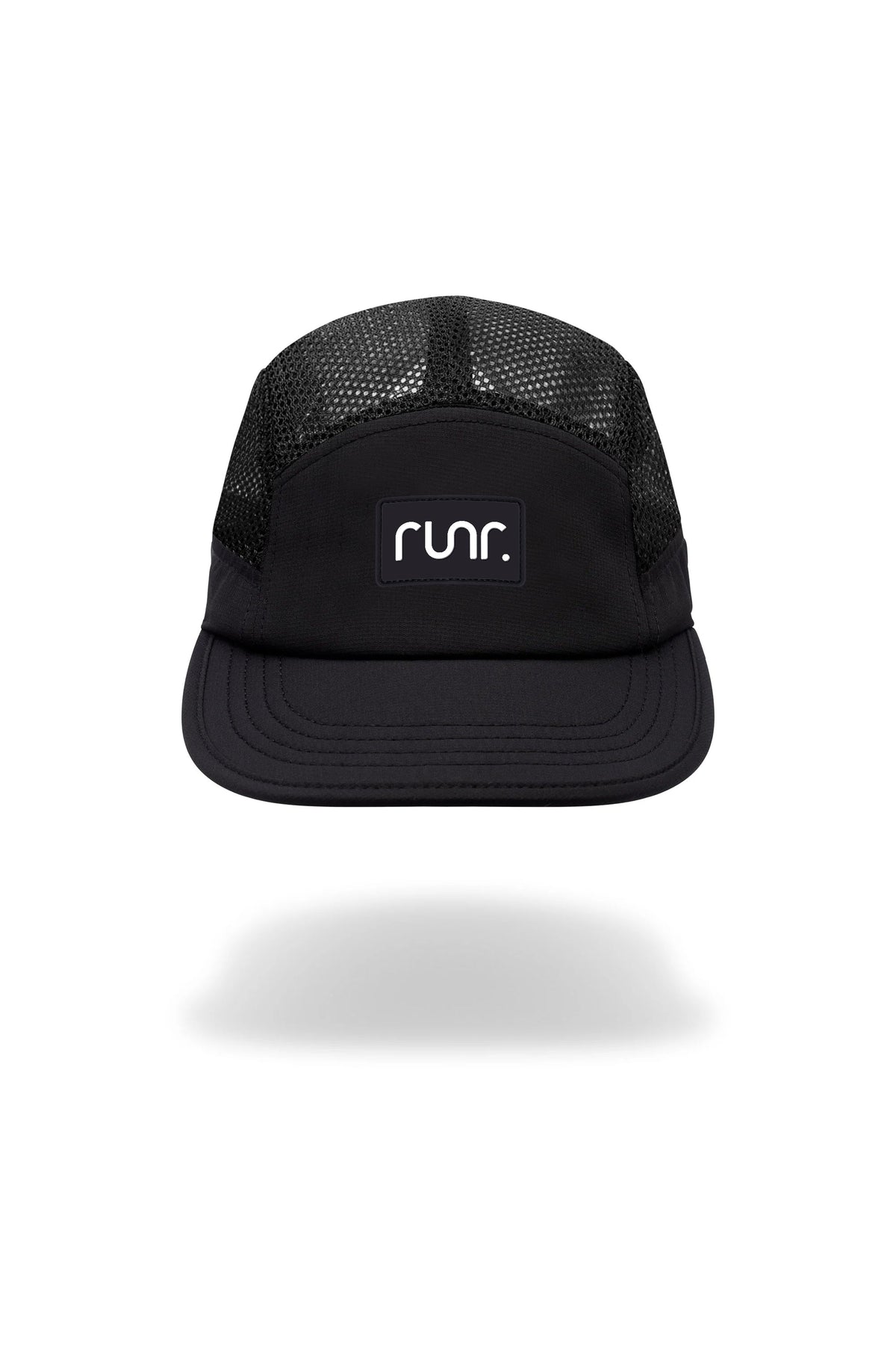 Black technical running cap with mesh crown and runr front logo