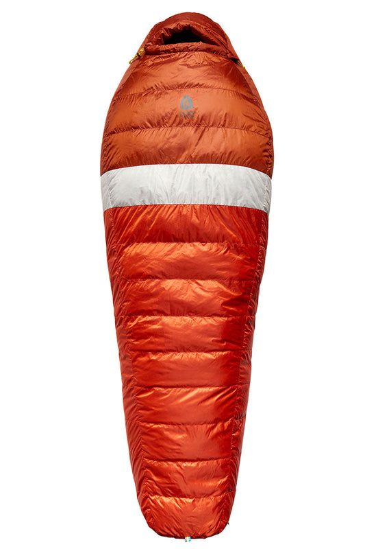 Orange down sleeping bag with hood and white draft collar, full-length view.