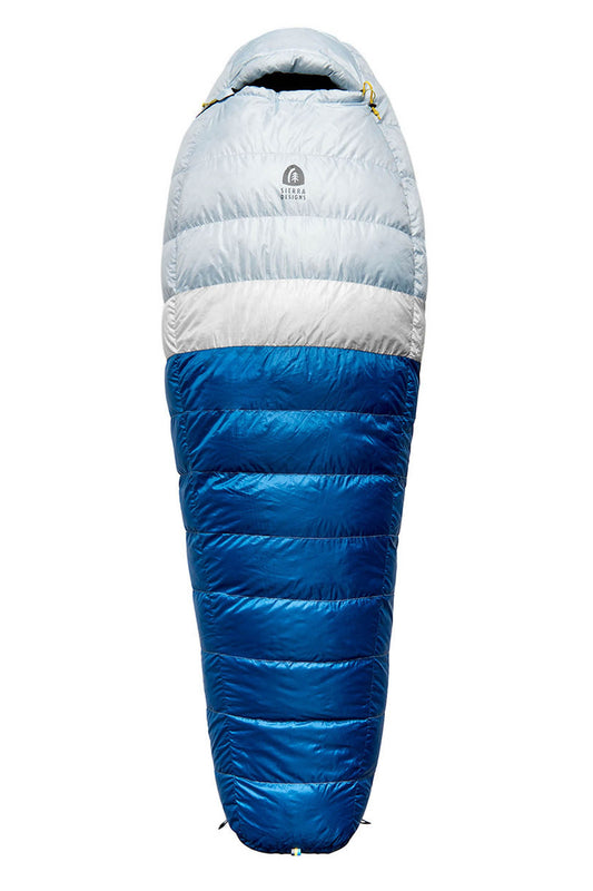 Two-tone down sleeping bag with hood, white upper and blue lower panels