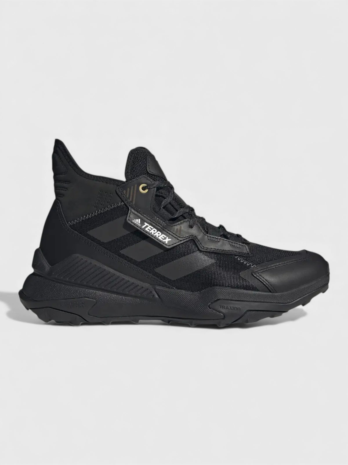 Black mid-top lace-up hiking boots with adidas Terrex logo and rubber outsole