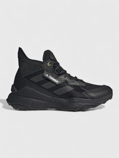 Black mid-top lace-up hiking boots with adidas Terrex logo and rubber outsole