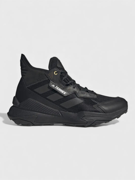Black mid-top lace-up hiking boots with adidas Terrex logo and rubber outsole