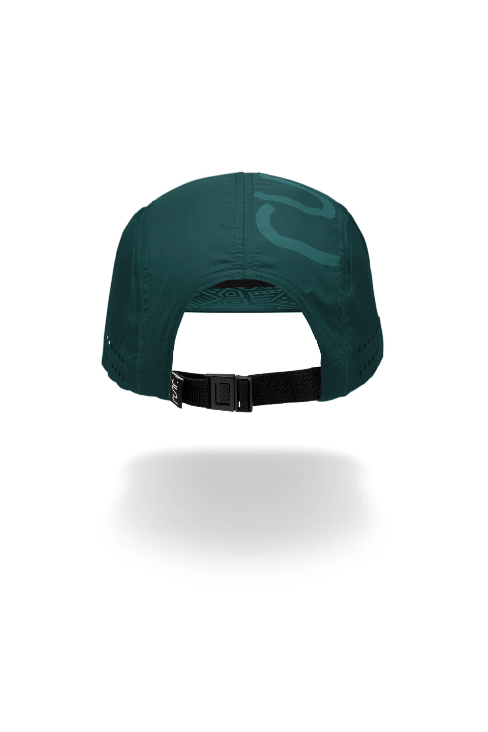 Technical running hat back with black adjustable strap and dark teal fabric