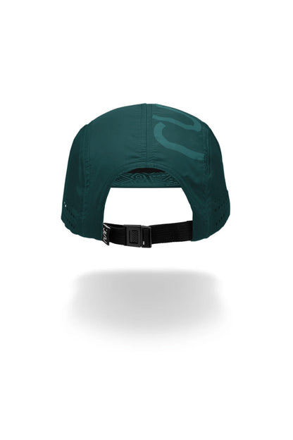 Technical running hat back with black adjustable strap and dark teal fabric