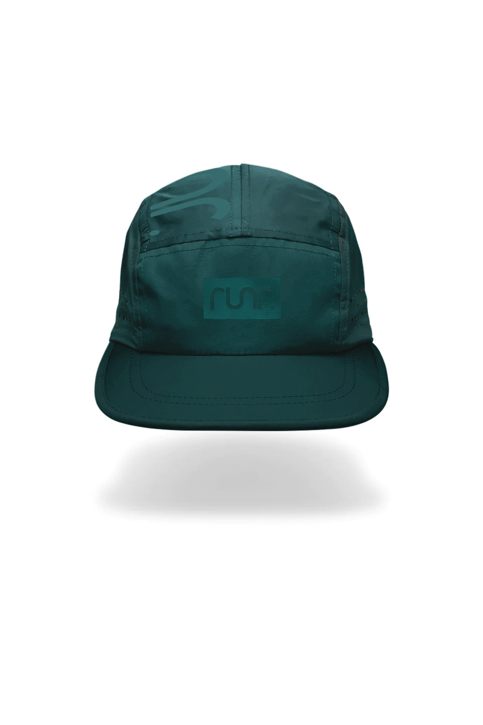 Dark teal technical running hat with front logo patch and curved brim
