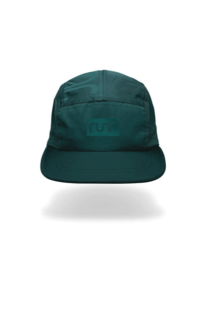 Dark teal technical running hat with front logo patch and curved brim