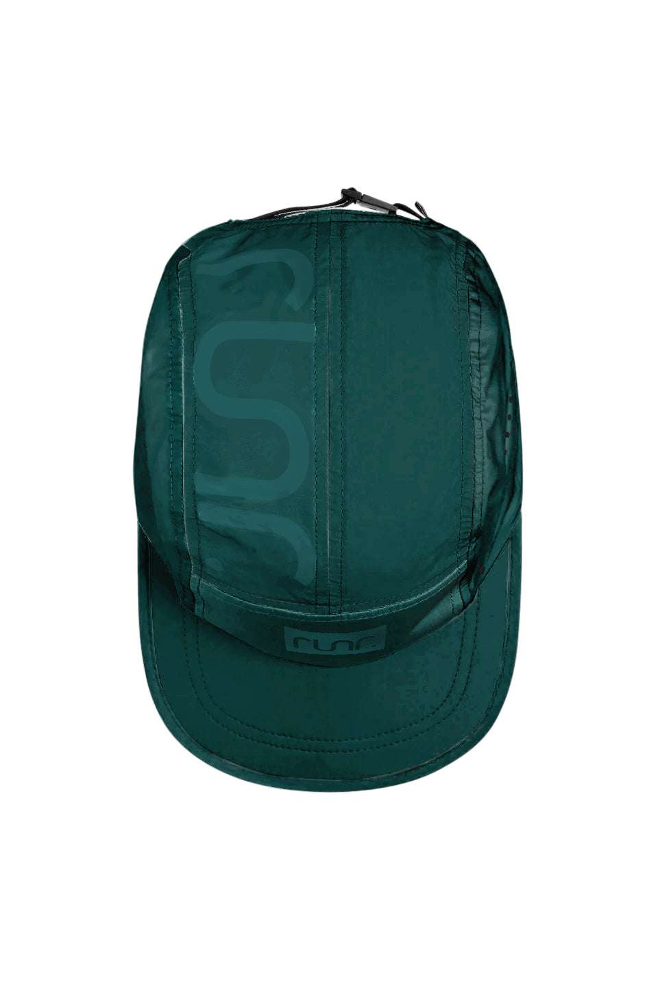 Runr Porto technical running hat, dark teal, back view with top vent seams and stitching