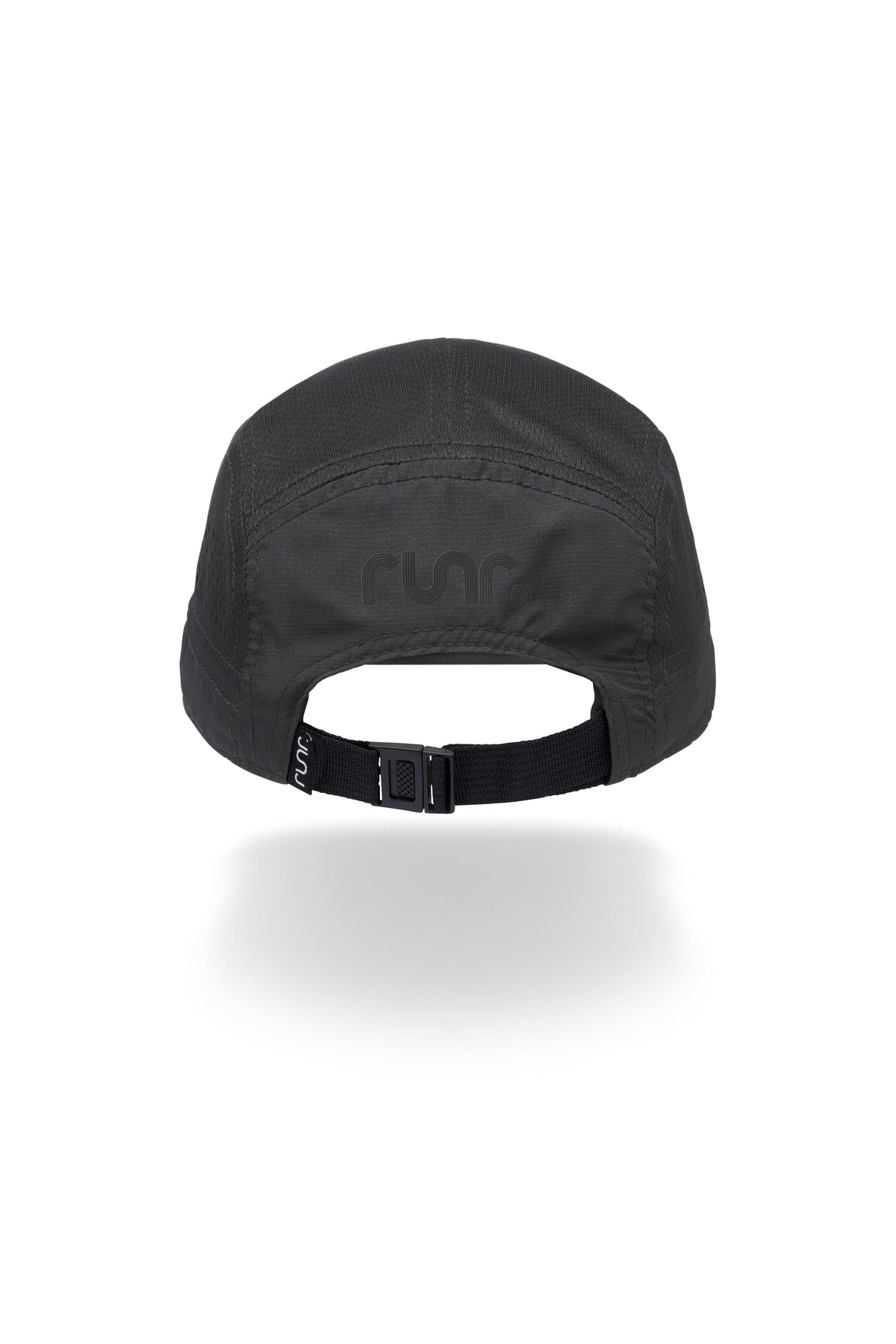 Black technical running hat back view with adjustable strap and stitched panels