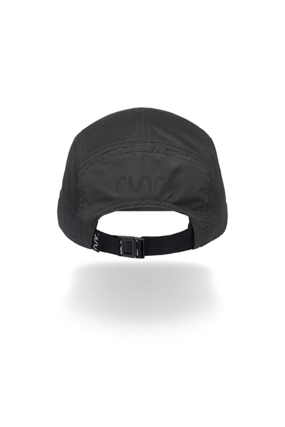 Black technical running hat back view with adjustable strap and stitched panels