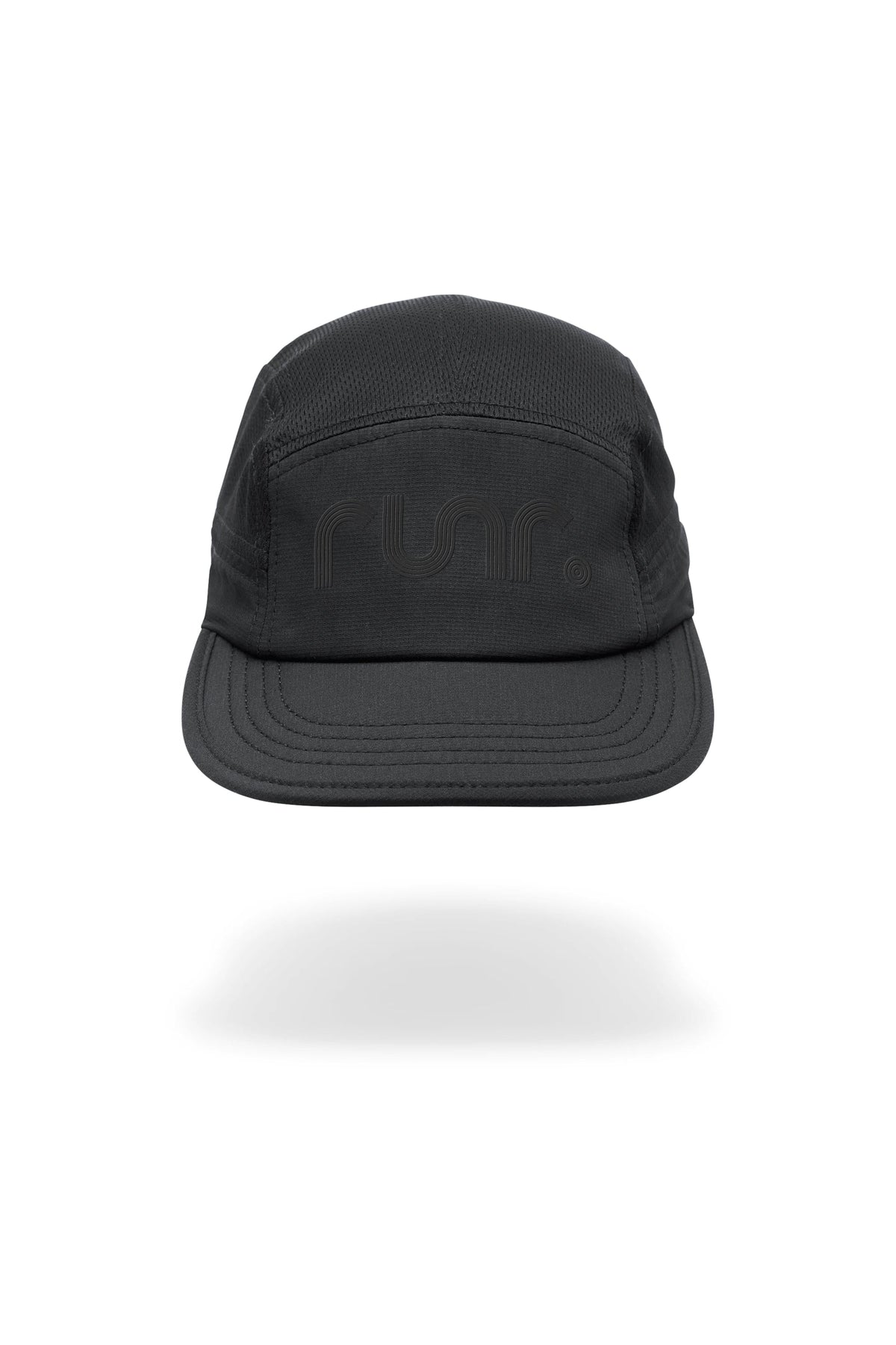 Black technical running hat front view with curved brim and Runr logo embossing