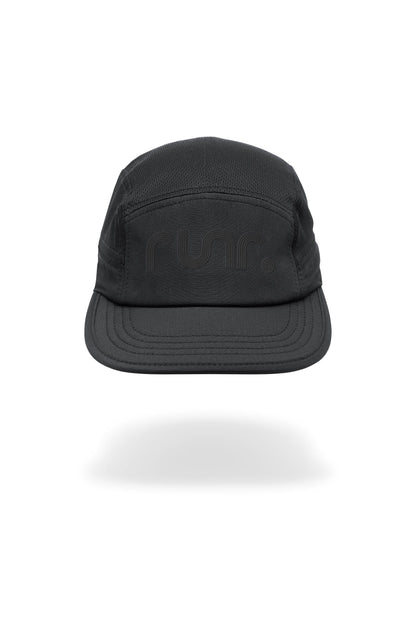 Black technical running hat front view with curved brim and Runr logo embossing