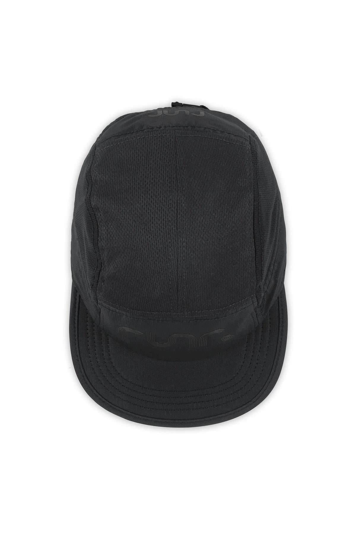 Black technical running hat top view with curved brim and subtle front logo