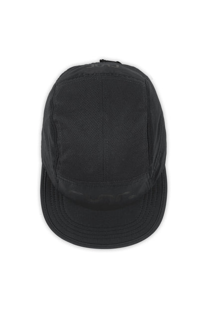 Black technical running hat top view with curved brim and subtle front logo