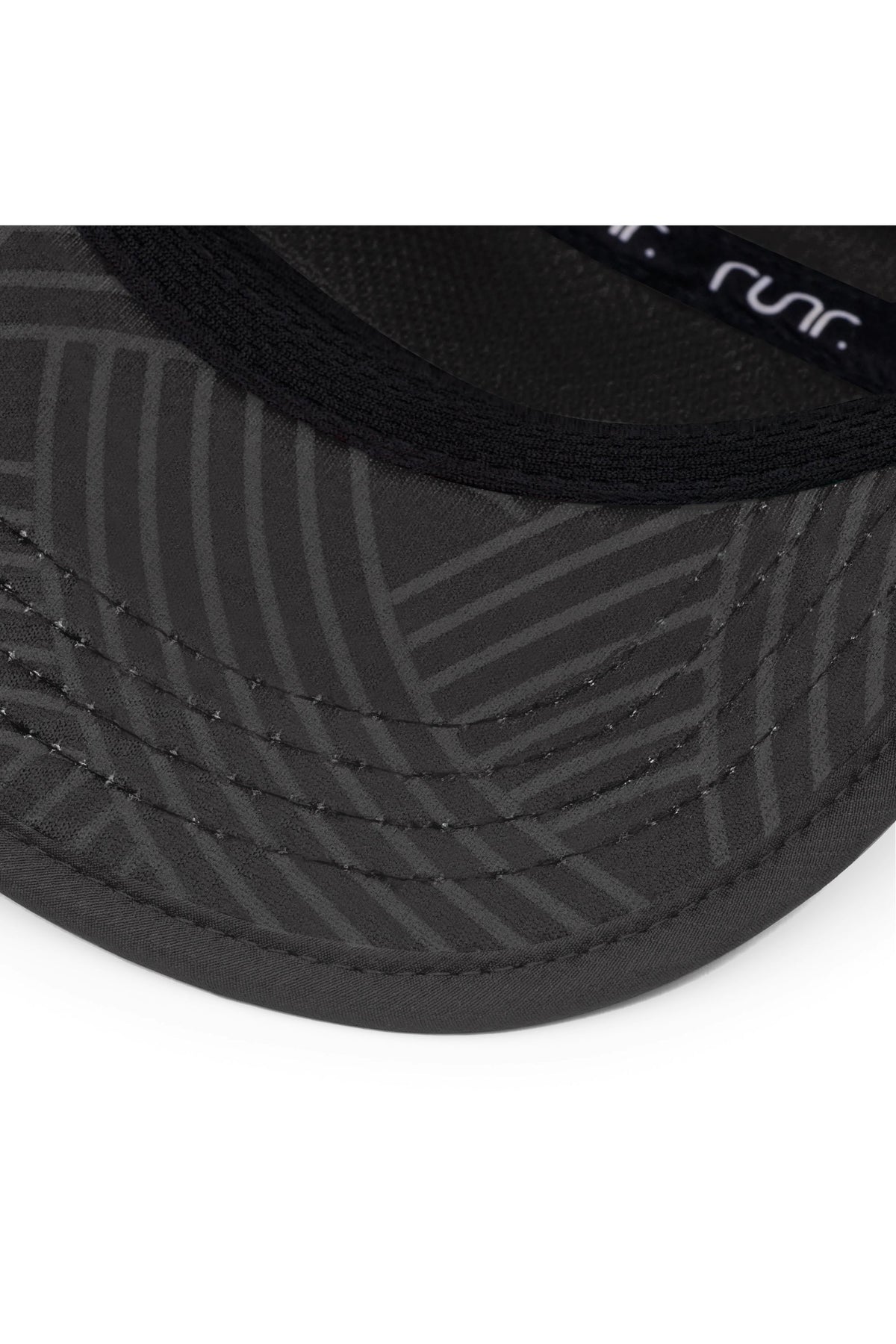 Black technical running hat brim close-up with Runr logo detail and textured fabric
