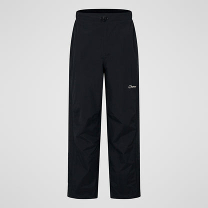 Black waterproof overtrousers with elastic waistband and stitched panel seams